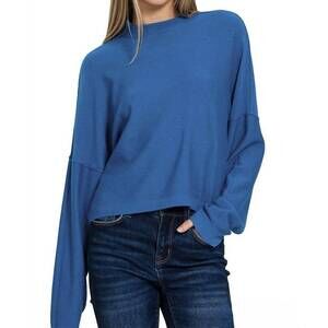 NEW 42POPS mock neck comfy fall crop sweater in heather classic blue